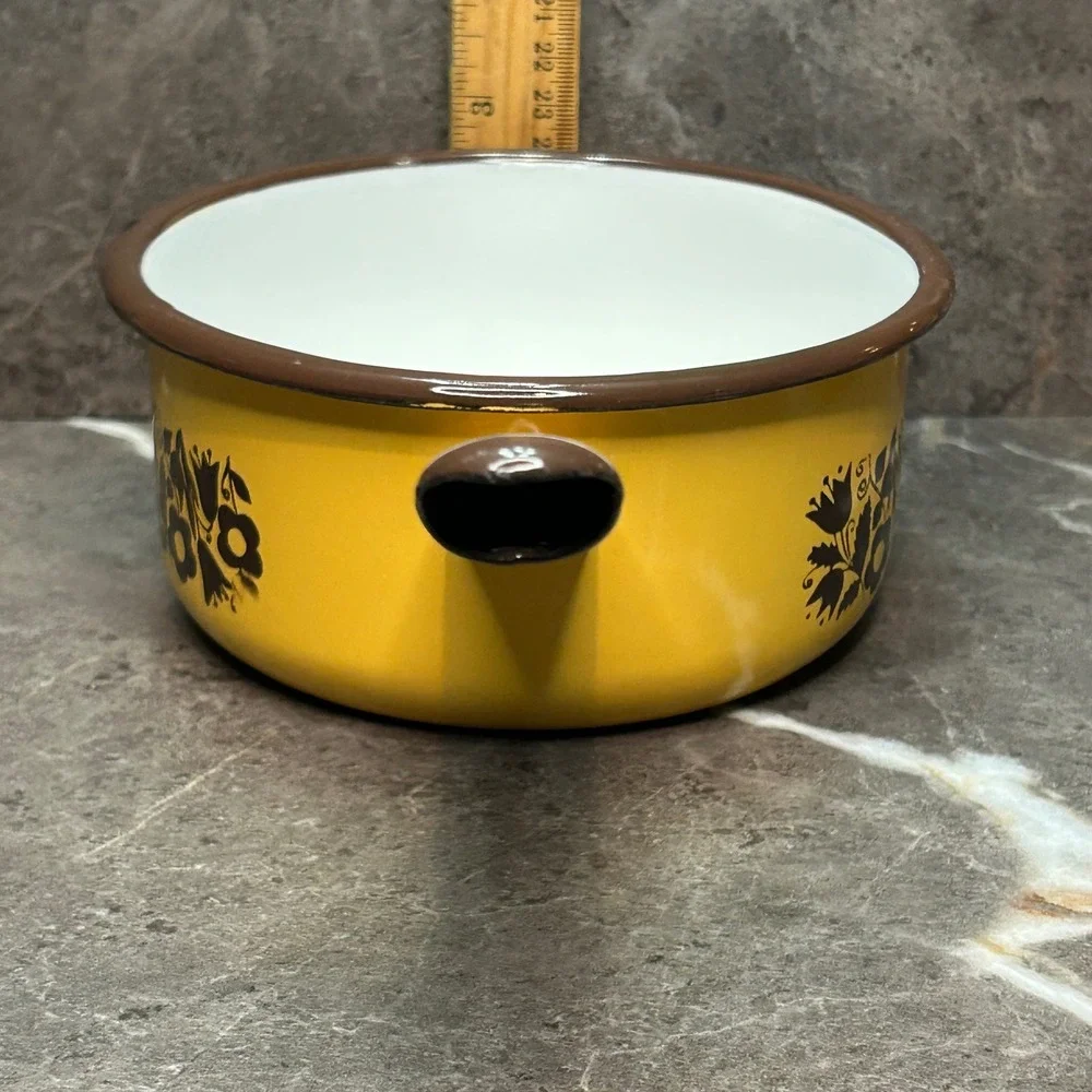 Vintage Yellow Enamelware Saucepan Brown Floral Pattern Retro Kitchen Pot 6 Inch